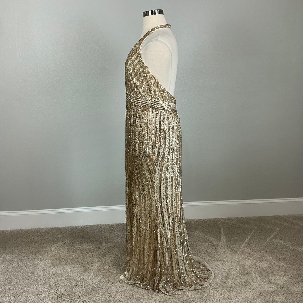 Mac Duggal 5759 Gold Evening Gown Sequined Backless Halter Column Dress Size 16 - Picture 7 of 13